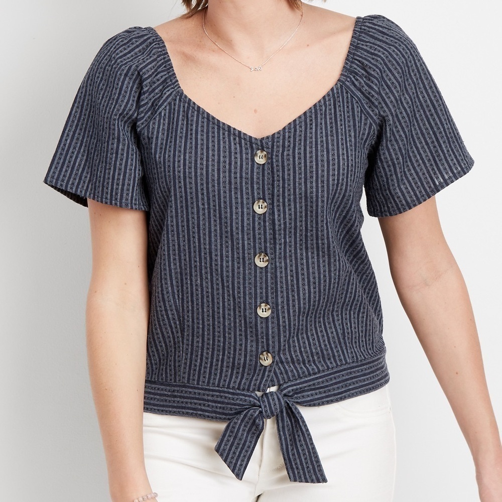 Maurices Blue Striped Button Front Flutter Sleeve Top Medium